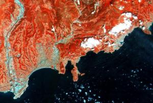 French Riviera processed through infrared spectral channel, one of the first images captured by Sentinel-2A satellite (Image: ESA)