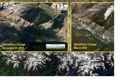 Remote sensing imagery, like here showing the earthquake and landslides in Nepal 2015, provide important information (Image: USGS).