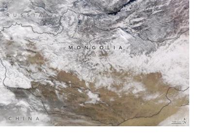 Image of snow across northern Mongolia in January 2017 captured by NASA’s Aqua satellite. Image: Nasa Earth Observatory
