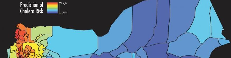 The map shows the predicted cholera risk based on analysis and satellite data in Yemen, June 2017. Blue color indicates low risk of cholera while red color indicates high risk of cholera. Image: West Virginia University/Antar Jutla. The map shows the predicted cholera risk based on analysis and satellite data in Yemen, June 2017. Blue color indicates low risk of cholera while red color indicates high risk of cholera. Image: West Virginia University/Antar Jutla.