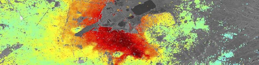 Five Sentinel-1A radar scans acquired between 3 October and 2 December 2014 were combined to create this image of ground deformation in Mexico City. The deformation is caused by ground water extraction, with some areas of the city subsiding at up to 2.5 cm/month (red). Image: Copernicus data (2014)/ESA/DLR Microwave and Radar Institute–SEOM InSARap study. Five Sentinel-1A radar scans acquired between 3 October and 2 December 2014 were combined to create this image of ground deformation in Mexico City. The deformation is caused by ground water extraction, with some areas of the city subsiding at up to 2.5 cm/month (red). Image: Copernicus data (2014)/ESA/DLR Microwave and Radar Institute–SEOM InSARap study.