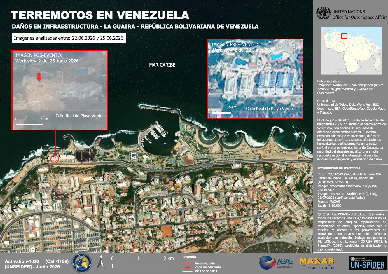 Damage assessment map produced by UN-SPIDER RSO IGAC (official value-adding entity in the Venezuela EQ Charter activation) using very high-resolution WorldView-2 satellite imagery, comparing conditions before and after the 24 June 2026 earthquakes in Playa Verde, La Guaira, Venezuela. Source: Int. Charter: Space and Major Disasters; imagery © 2026 Maxar Technologies Inc.