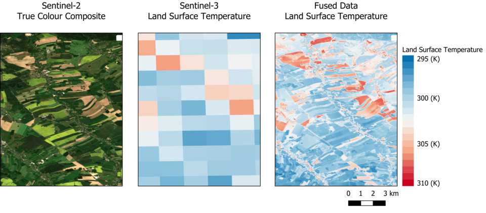 Figure 1. Sentinel-2 and Sentinel-3 satellite images separate and fused.