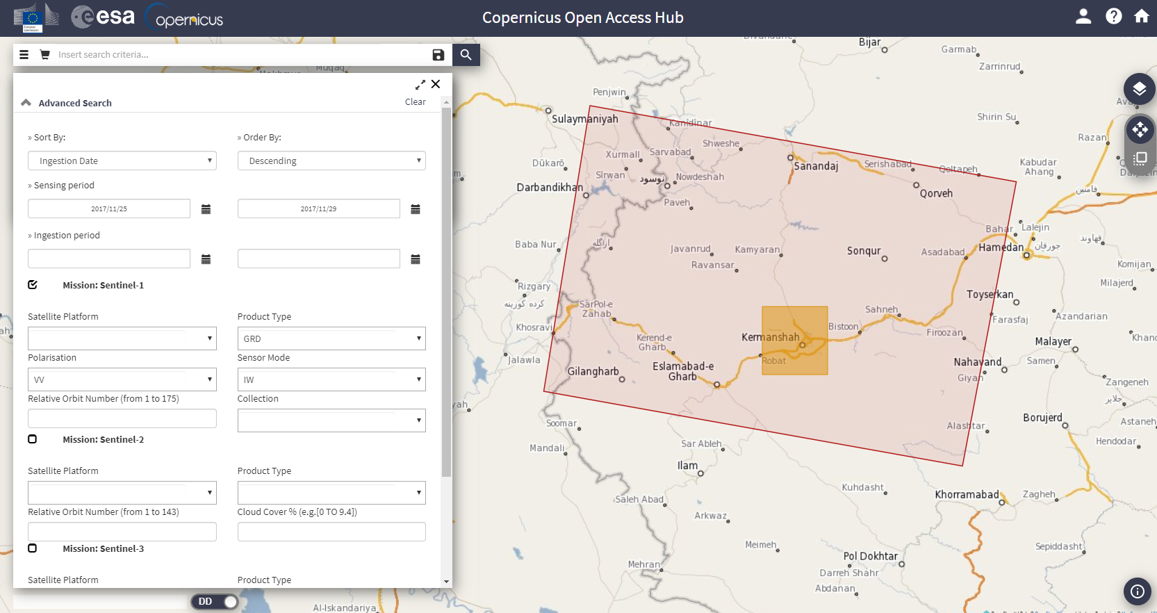 Figure 1: Copernicus Open Access Hub search panel