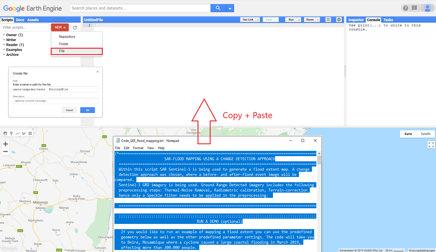 Fig.2: Access the Google Earth Engine script by copy-and-pasting the text-file.
