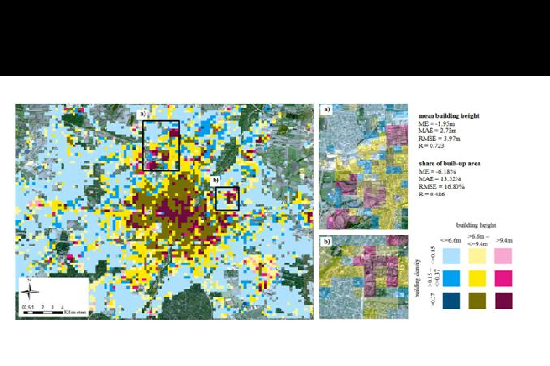 Mapping of built-up height and share of built-up area for the example of the city of Munich. The estimated average built-up height features a mean absolute error (MAE) of 2.7 m (i.e., less than one floor) and the share of built-up area could be estimated with a MAE of 13.3 %, when compared to a reference data set.