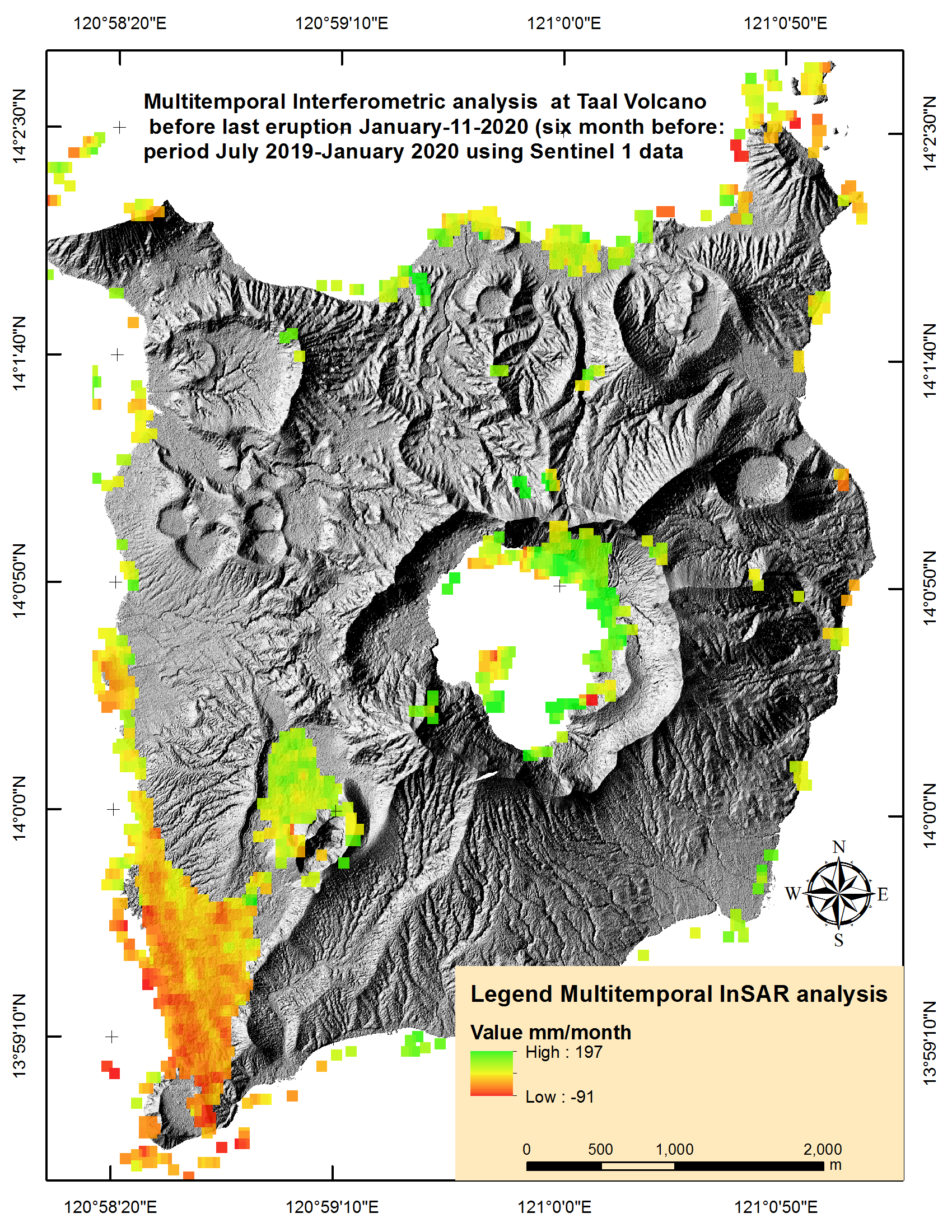 Figura 2a: Resultado del análisis multi temporal InSAR- SBAS en el cráter del volcán Taal.