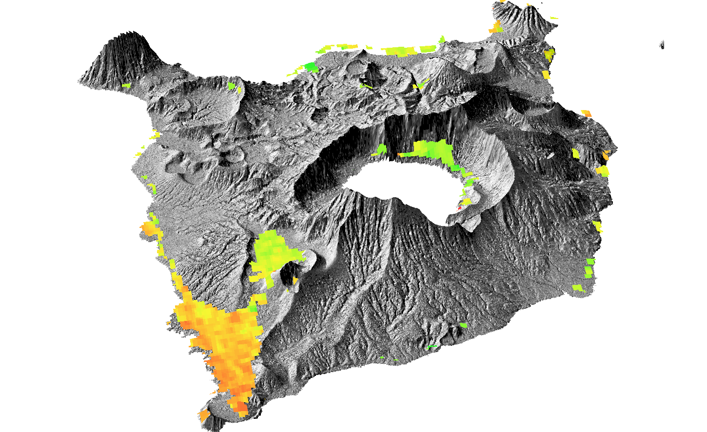 Figura 2b.  Vista 3d, resultado del análisis multi temporal InSAR- SBAS en el cráter del volcán Taal.