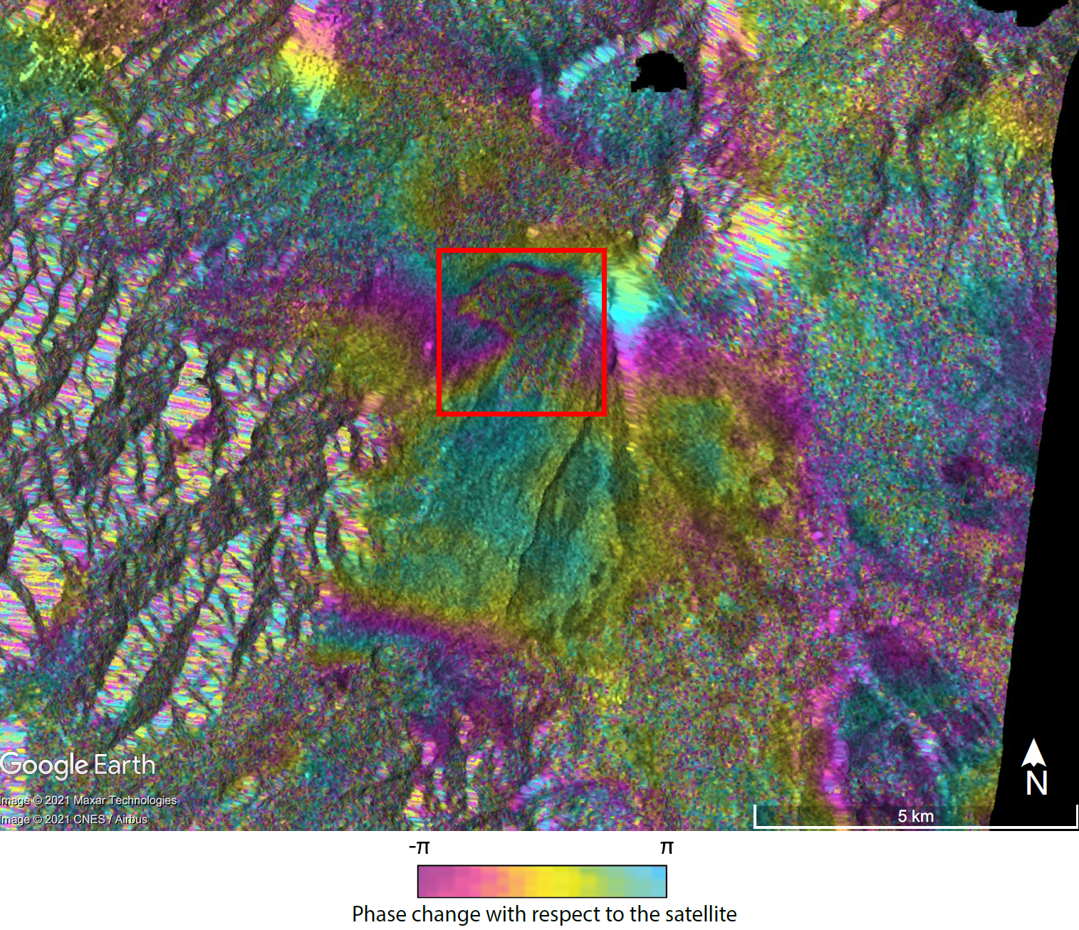 Interferogram showing changes detected on the surface of the Pacaya volcano between January 21 and February 2, 2021. The data shows deformation due to accumulation of lava. Image: Judit Gonzalez Santana, Dr. Christelle Wauthier, Penn State University. Copyright contains modified Copernicus Sentinel data (2021), processed by ESA.
