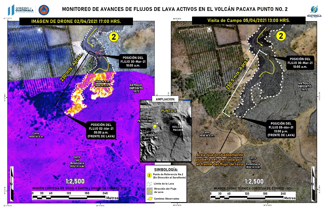Monitoring of progress of active lava flows in the volcano Pacaya. Images captured on April 2 and 5, 2021. Image: SE-CONRED.
