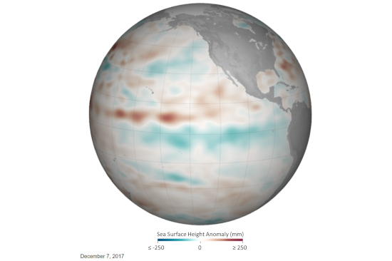 Pacific Ocean surface height anomalies on 7 December 2017
