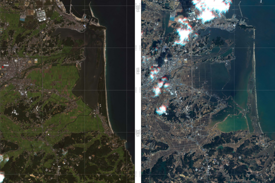 Satellite imagery before and after the March 2011 tsunami in Japan