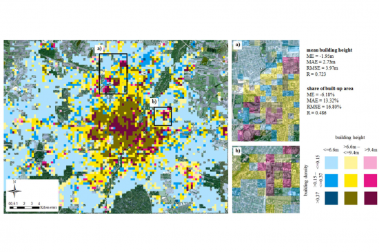 Mapping of built-up height and share of built-up area for the example of the city of Munich. The estimated average built-up height features a mean absolute error (MAE) of 2.7 m (i.e., less than one floor) and the share of built-up area could be estimated with a MAE of 13.3 %, when compared to a reference data set. Mapping of built-up height and share of built-up area for the example of the city of Munich. The estimated average built-up height features a mean absolute error (MAE) of 2.7 m (i.e., less than one floor) and the share of built-up area could be estimated with a MAE of 13.3 %, when compared to a reference data set.
