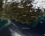 The plumes of sediment are clearly visible in the Mediterranean.