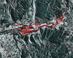 The Sentinel-1 RGB stack showing (in red) flooding on February 23, 2018. Image: Sentinel Playground
