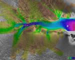 Image showing the movement of the Lambert Glacier, with ice velocity vectors obtained by using RADARSAT Synthetic Aperture Radar (SAR) imagery from the 2000 Antarctic Mapping Mission. Image: Canadian Space Agency/NASA/Ohio State University, Jet Propulsion Laboratory, Alaska SAR facility. Retrieved from NASA Earth Observatory. 
