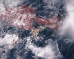 Bali, Indonesia. Mount Agung eruption. False color image. 28 November 2017. Based on Sentinel-3 data. 