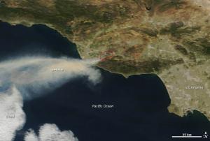 The red lines indicate areas where MODIS detected fires.