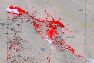 Satellite-detected areas of flood waters in the Wasit Governorate in eastern Ira