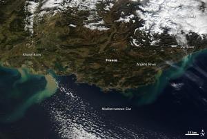 The plumes of sediment are clearly visible in the Mediterranean.