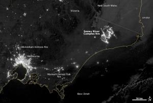 satellite night image of fires in Australia
