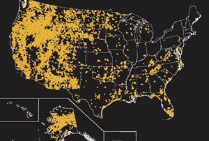 A map showing locations that experienced wildfires greater than 250 acres, from 