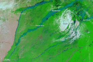 The Moderate Resolution Imaging Spectroradiometer (MODIS) on NASA’s Terra satellite captured this image of the floods.