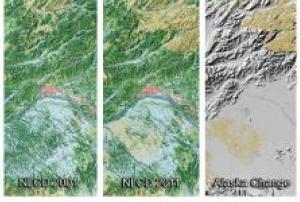 Three panels from the National Land Cover Database depicting land cover change in the vicinity of Fairbanks, Alaska, from 2001 to 2011