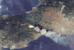 Wildfires in Greece near Kineta captured by the Sentinel 2 satellite on 23 July. Image: Copernicus. 