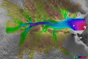 Image showing the movement of the Lambert Glacier, with ice velocity vectors obtained by using RADARSAT Synthetic Aperture Radar (SAR) imagery from the 2000 Antarctic Mapping Mission. Image: Canadian Space Agency/NASA/Ohio State University, Jet Propulsion Laboratory, Alaska SAR facility. Retrieved from NASA Earth Observatory. 