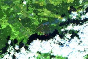 A Sentinel-2 false colour image showing active fires in Mecklenburg-Western Pomerania. Image: DLR/ZKI.