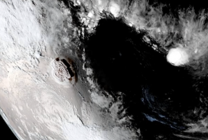 NOAA's GOES West satellite captured the eruption of the Hunga Tonga-Hunga Ha'apai volcano. (Image credit: NOAA)