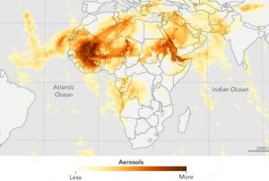 Aerosol Index, Sahara dust. Image courtesy of Jesse Allen, NASA Earth Observatory, using Suomi NPP OMPS data provided courtesy of Colin Seftor (SSAI)