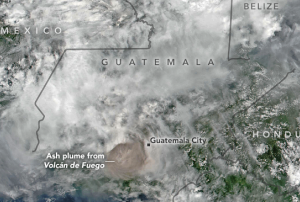 Image of the eruption and resulting ash plume of the Volcan de Fuego in Guatemala captured by the NOAA/NASA Suomi National Polar-orbiting Partnership satellite on 3 June 2018. Image: NASA Earth Observatory