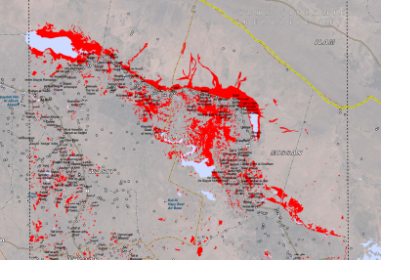 Satellite-detected areas of flood waters in the Wasit Governorate in eastern Ira
