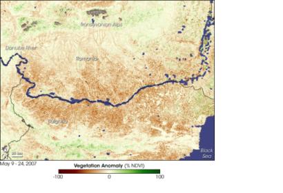 satellite image shows impacts of drought on vegeration in romania