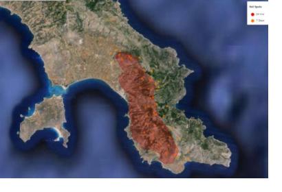 Burned area mapped by EFFIS in Monemvasia, Lakonia (Image: JRC) 