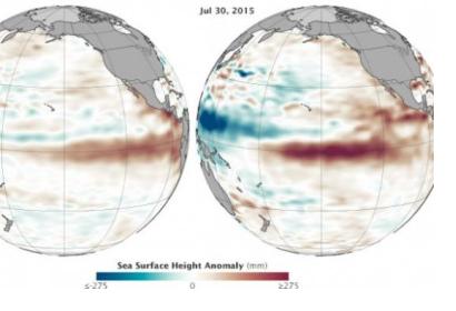 Comparison between sea level increase in 1997 and 2015 at the Eastern Pacific (Source: NASA)