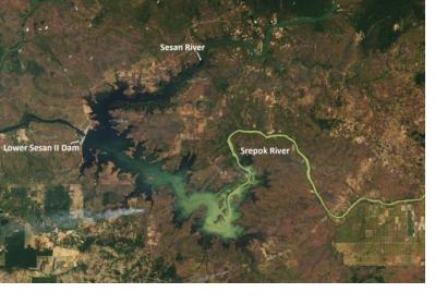 Landsat 8 captured the Lower Sesan II Dam and its adjacent rivers on 1 February 2018. While in 2010, 3 percent of Cambodia’s domestically generated electricity came from hydropower, by 2016, hydropower supplied 60 percent. Image: NASA.