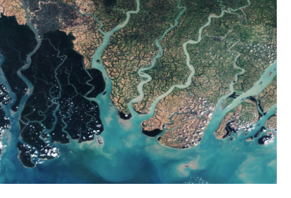 Satellite image over the eastern part of the Sundarbans in Bangladesh. Image: European Space Agency.