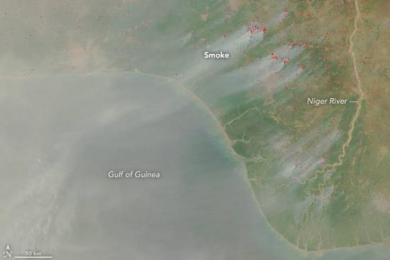 Agricultural fires near the Niger River delta. Courtesy of NASA.