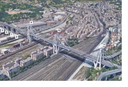A satellite view of the Morandi Bridge in Genoa, Italy prior to its collapse in August 2018. Image: NASA/JPL-Caltech/Google. 