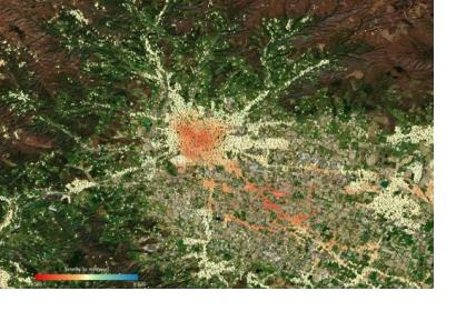 Ground deformation map of Pistoia in Tuscany. Using data acquired between 2014 and 2019 from the Copernicus Sentinel-1 mission, the map shows subsidence in red and uplift in blue. Image: ESA/TRE ALTAMIRA.