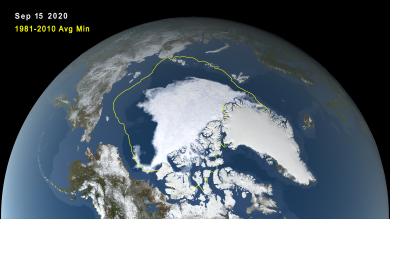 Arctic sea ice minimum on 15 September 2020, with 30-year average extent in yellow. Image: NASA.