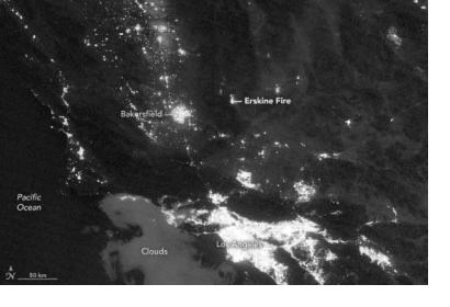 Satellite image Erskine Fire. NASA Earth Observatory, image courtesy of Jesse Allen, using VIIRS day-night band data from the Suomi National Polar-orbiting Partnership