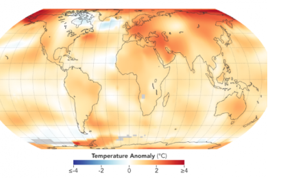The map depicts global temperature anomalies in 2018. 