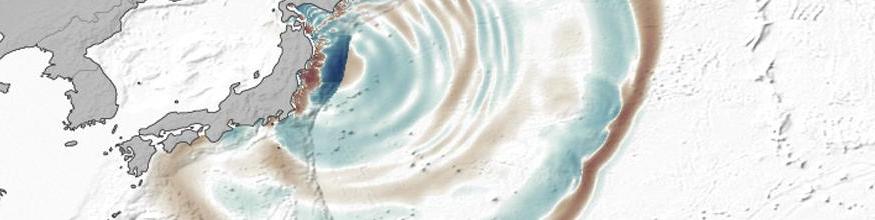 Researchers from NASA’ Jet Propulsion Laboratory (JPL) and the Ohio State University (OSU) used satellite altimeters to observe “merging tsunamis”. The image comes from a data-based computer model that shows Tohoku-oki tsunami waves propagation. Waves peaks are depicted in red-brown, while depressions in sea surface appear in blue-green. Grayscale outlines show the location of mid-ocean ridges, peaks, and islands. Image: NASA. Researchers from NASA’ Jet Propulsion Laboratory (JPL) and the Ohio State University (OSU) used satellite altimeters to observe “merging tsunamis”. The image comes from a data-based computer model that shows Tohoku-oki tsunami waves propagation. Waves peaks are depicted in red-brown, while depressions in sea surface appear in blue-green. Grayscale outlines show the location of mid-ocean ridges, peaks, and islands. Image: NASA.
